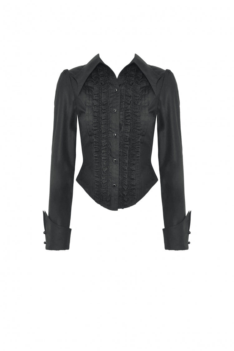 Black Turn-down Collar Ruffled Long Sleeves Women's Gothic Blouse - Product - 3