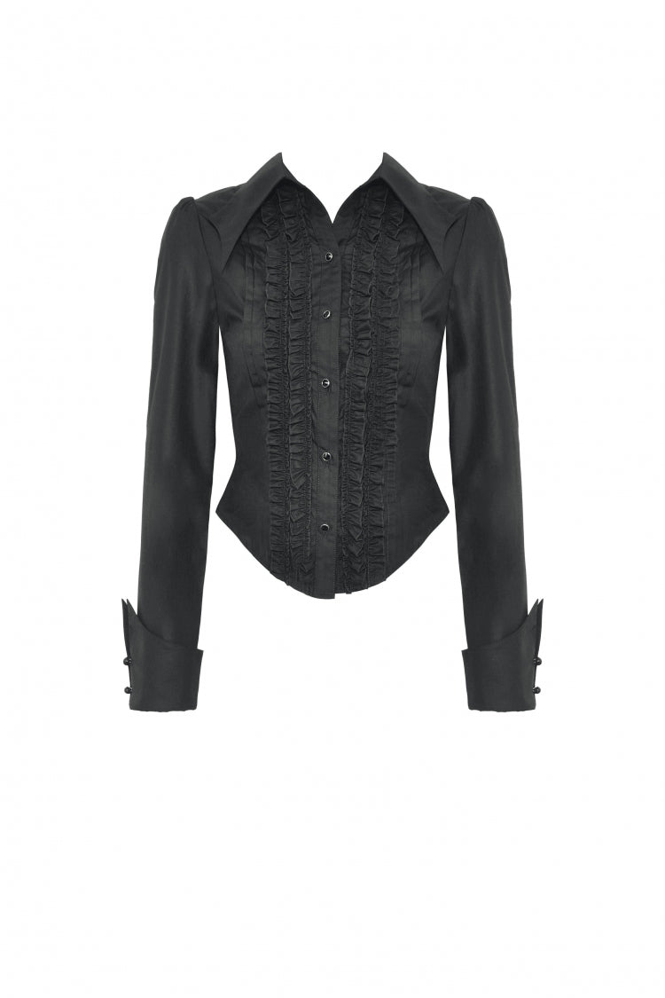 Black Turn-down Collar Ruffled Long Sleeves Women's Gothic Blouse - Product - 3