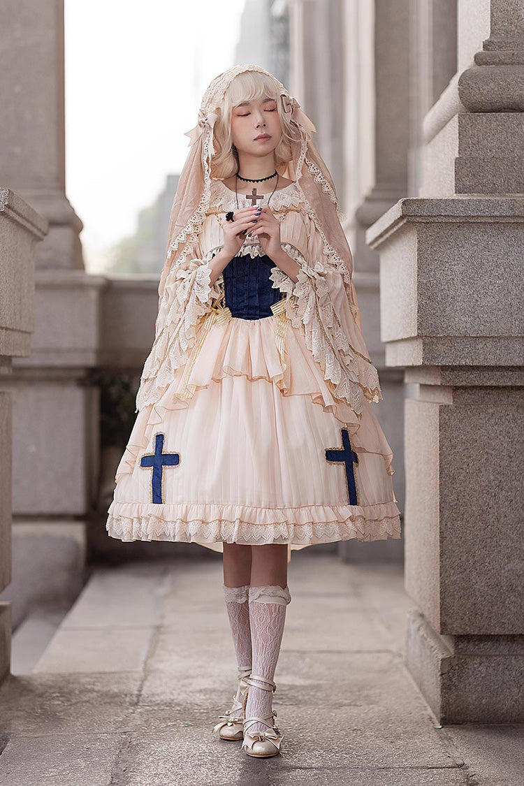 Apricot Eternal Life Song Print Cross Embroidery Sleeveless Ruffle Sweet Lolita Dress - Product - 3