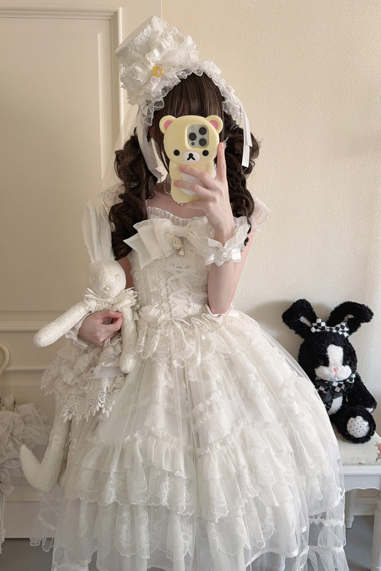 White [Eternal Vow] Sleeveless Multi-Layered Ruffle Hanayome Bowknot Lace Lace-Up Sweet Lolita Jsk Dress - Product - 10