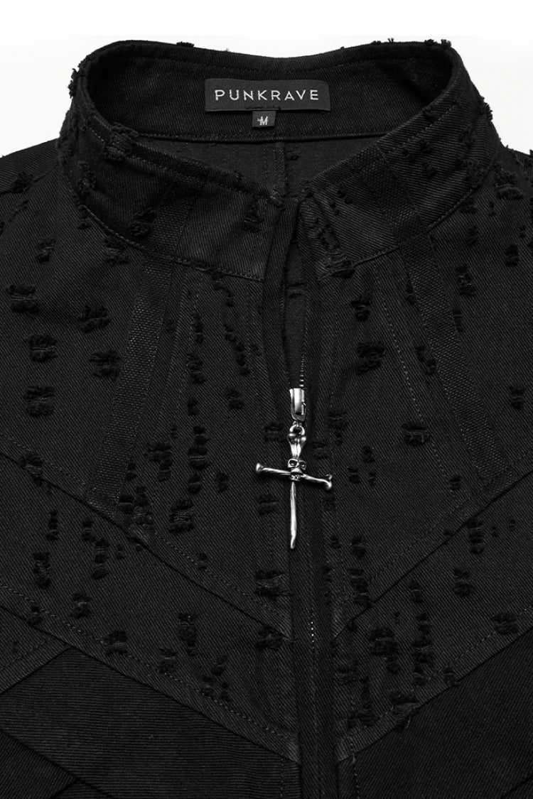 Black Stand Collar Sleeveless Cross Distressed Embroidery Men's Gothic Long Vest - Product - 5