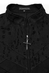 Black Stand Collar Sleeveless Cross Distressed Embroidery Men's Gothic Long Vest - Product - 5