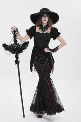 Black/Red Double-Layered Embroidered Lace Slim Pearl-Decorated Women's Gothic Skirt - Product - 5