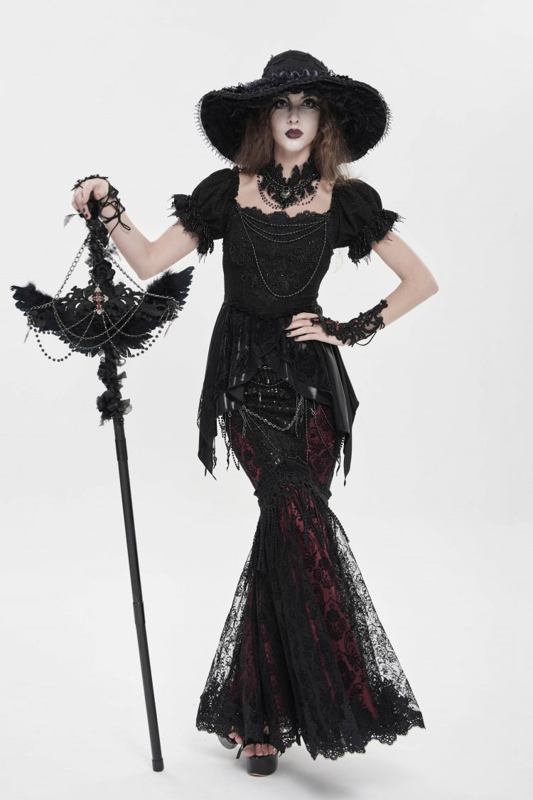 Black/Red Double-Layered Embroidered Lace Slim Pearl-Decorated Women's Gothic Skirt - Product - 5