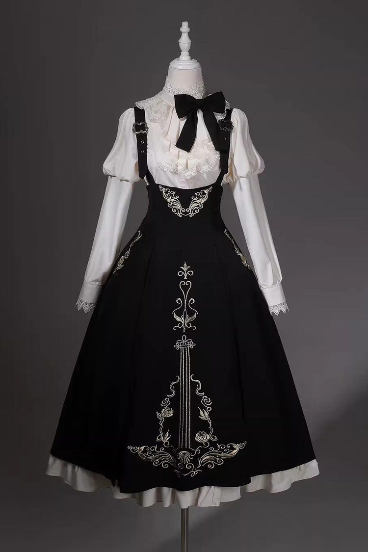 Black/White [Violin Variations] Ruffled Embroidered Gothic Lolita Jumper Dress Set - Product - 12