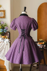 Purple [Forest Boulotty] Lapel Collar Short Sleeves Heart-Shaped Polka Dot Printed Bow Sweet Lolita Dress - Product - 3