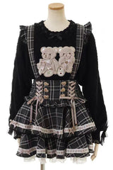 Sweet Jirai Kei High Waisted Triple-Layered Print Ruffle Bowknot Lace-Up Japanese Strap Dress 3 Colors - Black-Large-Plaid - 5