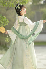 Green Trumpet Sleeves High Waisted Print Embroidery Sweet Chinese Style Hanfu Dress Full Set - Product - 2