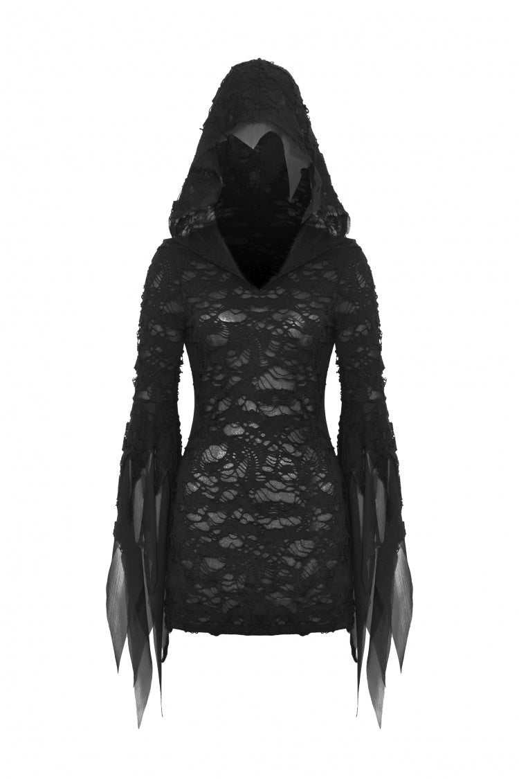 Black Evil Devil Long Flared Sleeves Ripped Women's Gothic Hooded Slim Dress - Product - 3