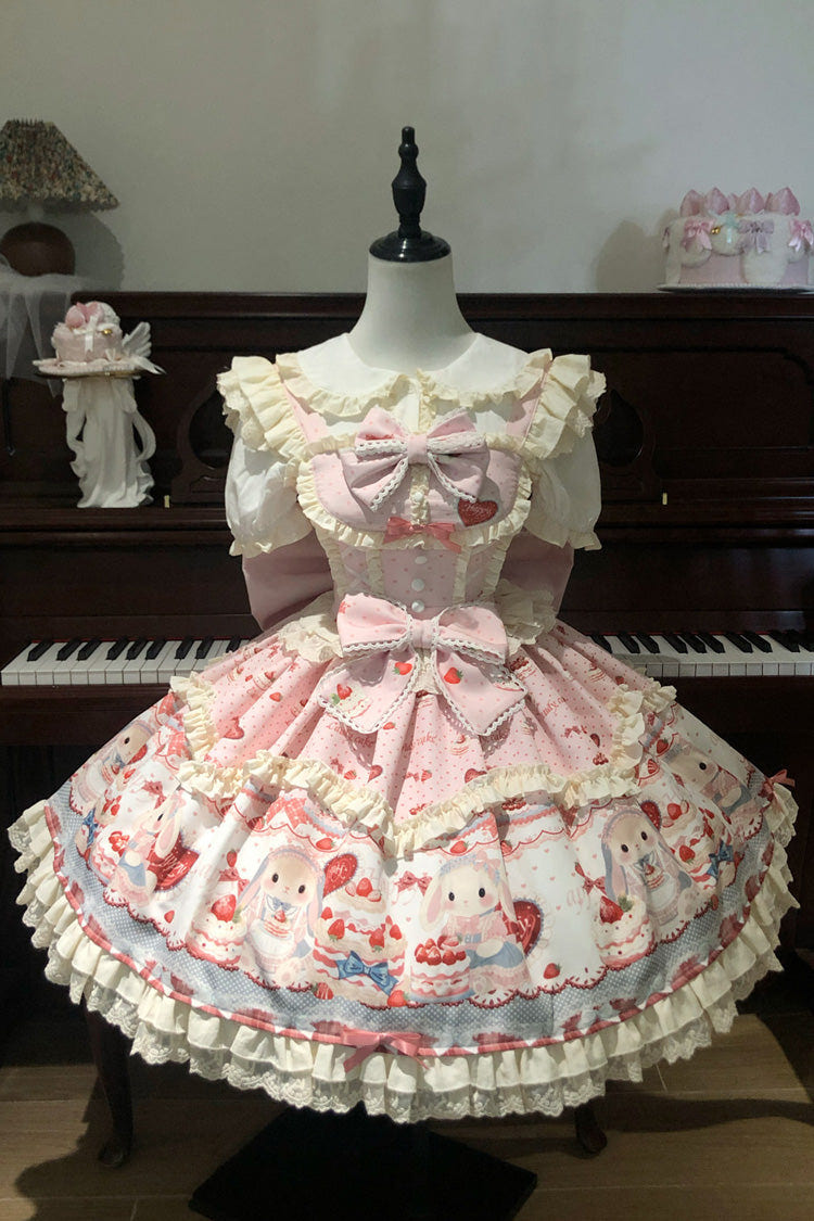 Pink [Cute Rabbit Party] Sleeveless Double-Layered Printed Ruffled Bow Sweet Lolita Jsk Dress - Pink - 1
