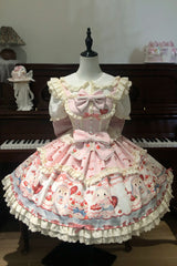 Pink [Cute Rabbit Party] Sleeveless Double-Layered Printed Ruffled Bow Sweet Lolita Jsk Dress - Pink - 1