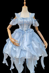 Princess Wedding High Waisted Lace Sweet Lolita Strapless Dress 2 Colors - Blue - 3