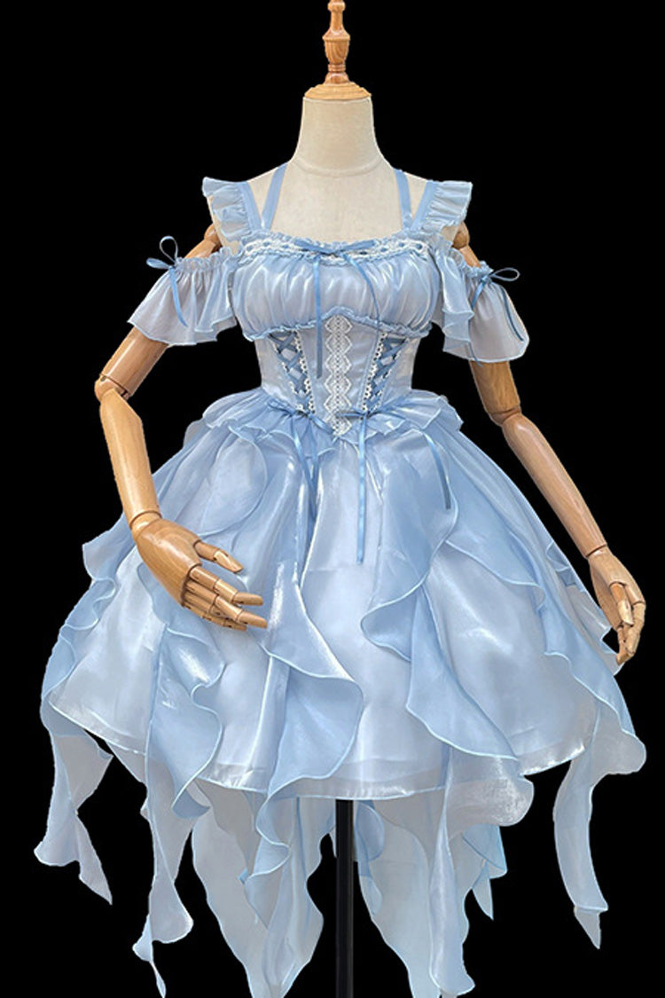 Princess Wedding High Waisted Lace Sweet Lolita Strapless Dress 2 Colors - Blue - 3