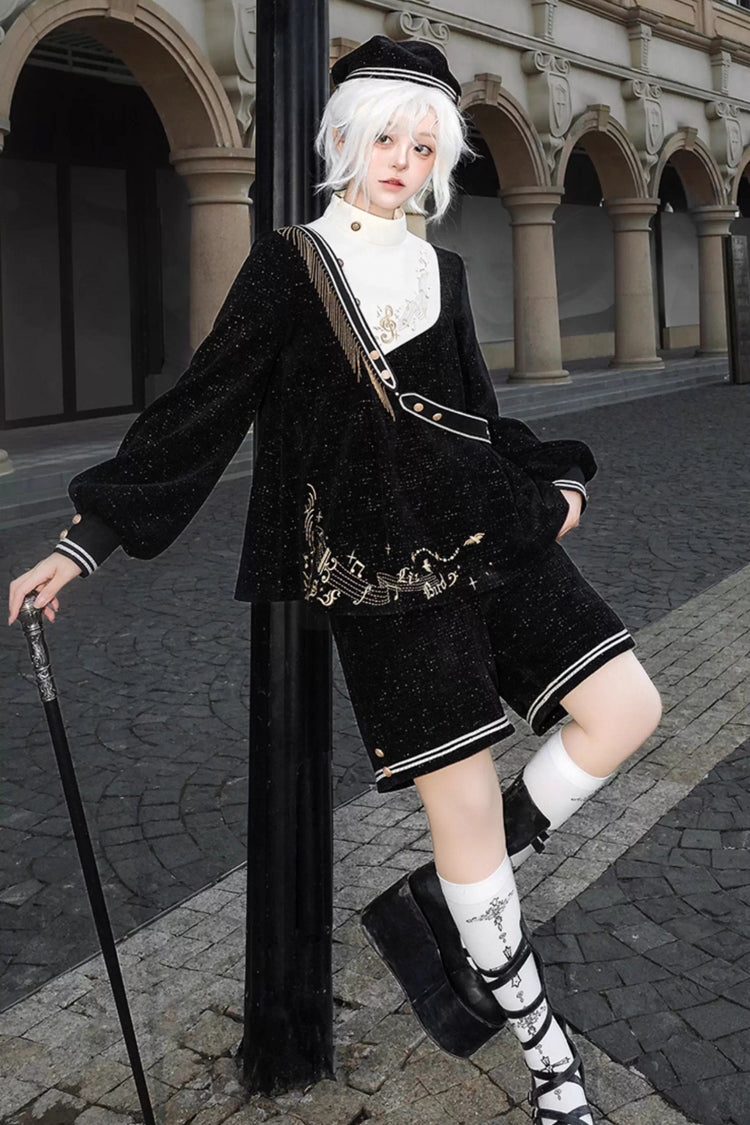 Black [Song Of Tomorrow] Long Sleeves Embroidery Asymmetric Gothic College Style Ouji Lolita Full Set - Product - 6