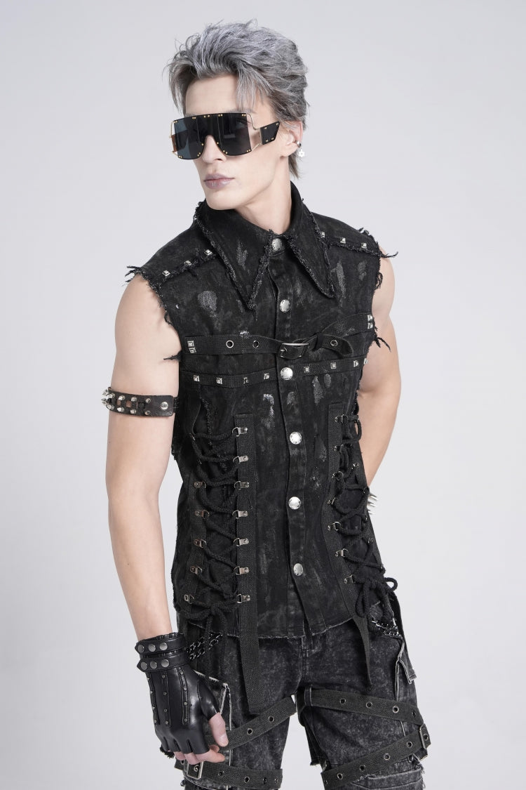 Black Sleeveless Studded Lace-Up Men's Gothic Distressed Vest - Product - 2