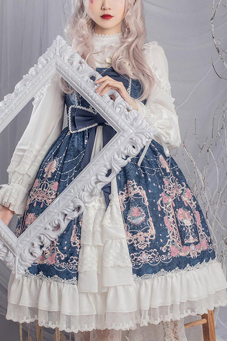Headbow Ruffled Princess Crown Print Cardigan Sweet Lolita JSK Tiered Dress - blue - 4