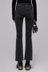 Black Tight Elastic Distressed Denim Asymmetrical Placket Medium Waist Women's Punk Flared Pants - Product - 3