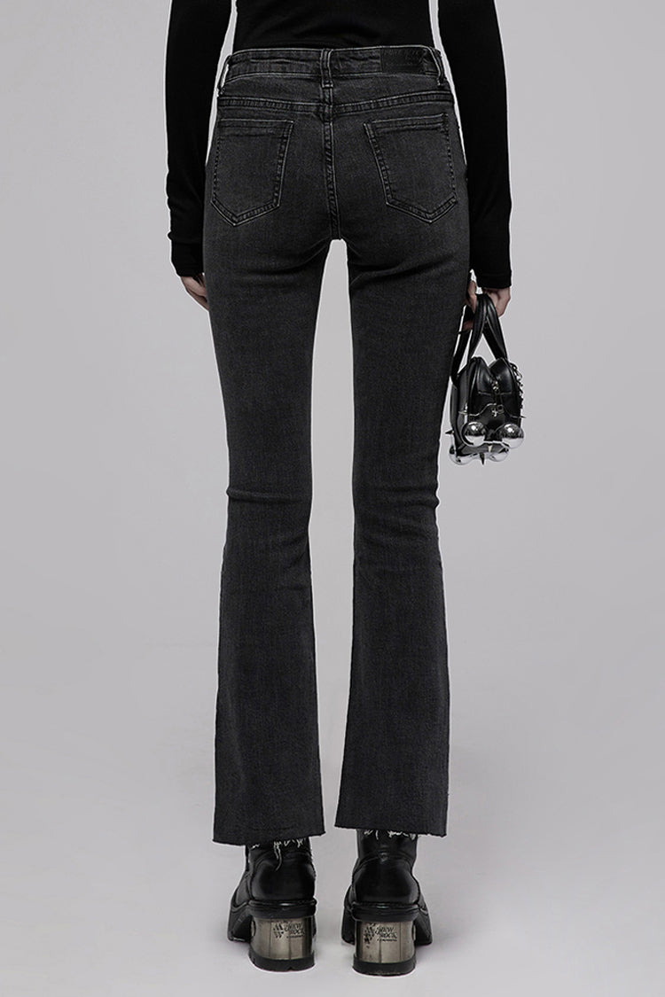 Black Tight Elastic Distressed Denim Asymmetrical Placket Medium Waist Women's Punk Flared Pants - Product - 3