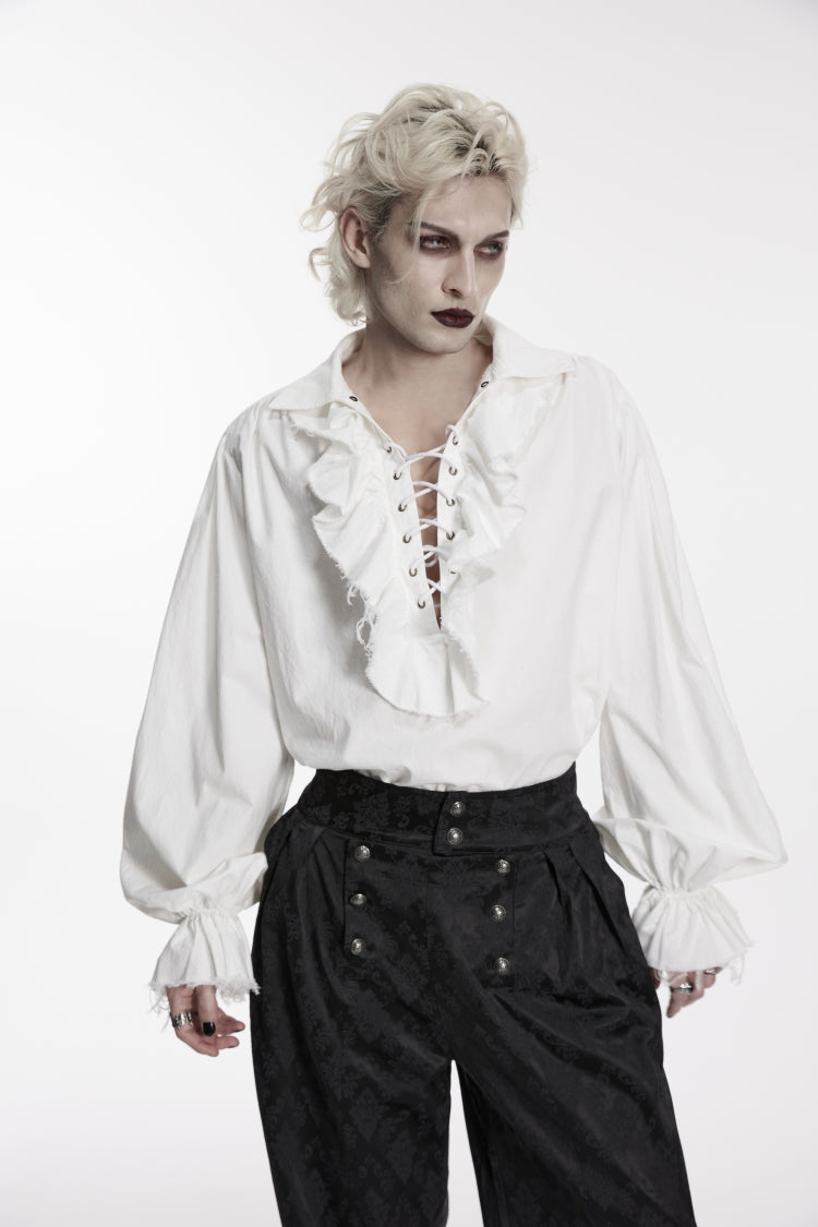 White Lapel Collar Long Lantern Sleeves Ruffled Lace-Up Women's Men's Gothic Luxurious Balletcore Shirt - Product - 7