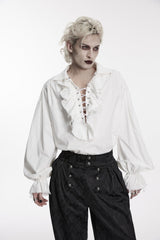 White Lapel Collar Long Lantern Sleeves Ruffled Lace-Up Women's Men's Gothic Luxurious Balletcore Shirt - Product - 7