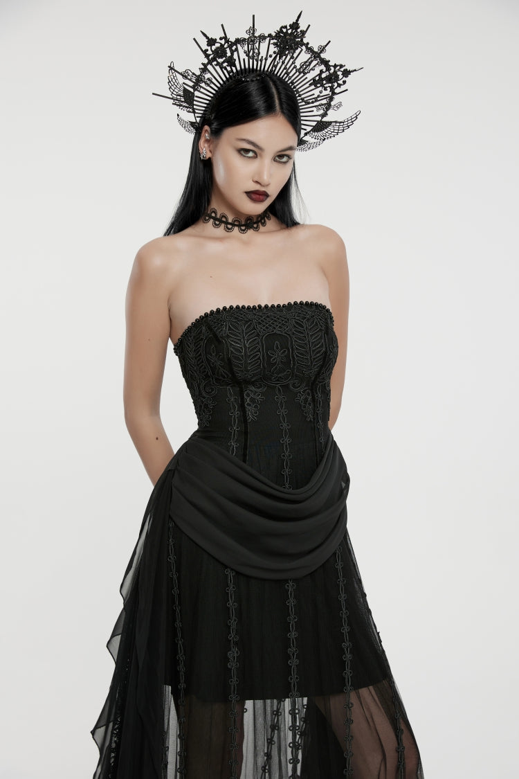 Black Off Shoulder Sleeveless Spliced Lace-Up Slim Pleated Women's Gothic Corset  Chiffon Strapless Dress - Product - 7