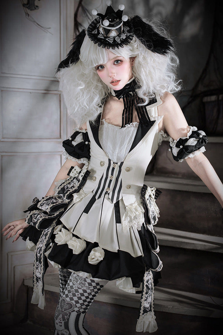 Black/White [Candy Cane] Sleeveless Printed Ruffled Bow Gothic Lolita Skirt Full Set - Product - 3