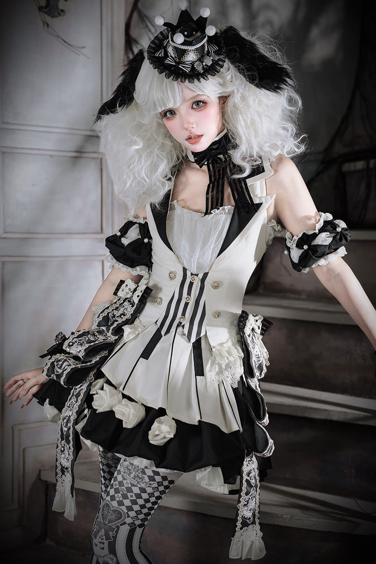 Black/White [Candy Cane] Sleeveless Printed Ruffled Bow Gothic Lolita Skirt Full Set - Product - 3