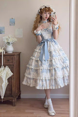 Blue [Grape Moon Almanac] Sleeveless Multi-Layered Printed Ruffled Bow Adjustable-Length Sweet Lolita Jsk Dress - Product - 3