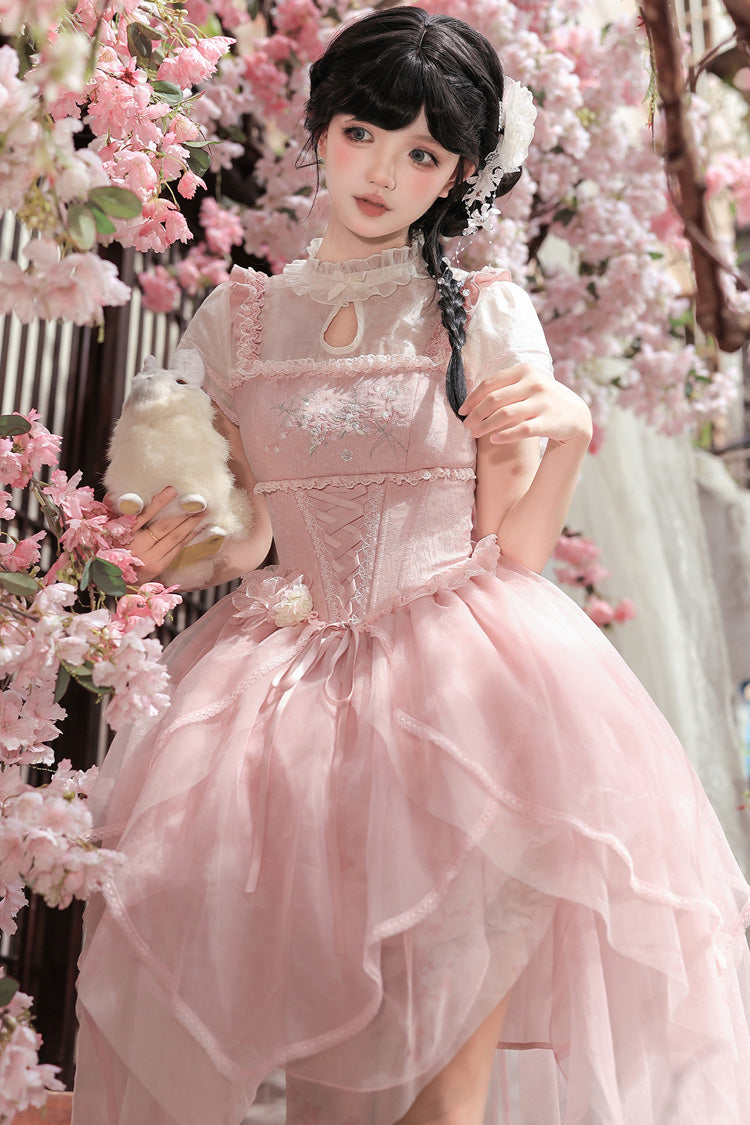 [Fragrance] Stand Collar Short Sleeves Multi-Layered Printed Ruffled Bow Lace Irregular Chinese Style Sweet Lolita Dress 2 Colors (Green, Pink) - Product - 8
