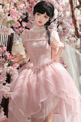 [Fragrance] Stand Collar Short Sleeves Multi-Layered Printed Ruffled Bow Lace Irregular Chinese Style Sweet Lolita Dress 2 Colors (Green, Pink) - Product - 8