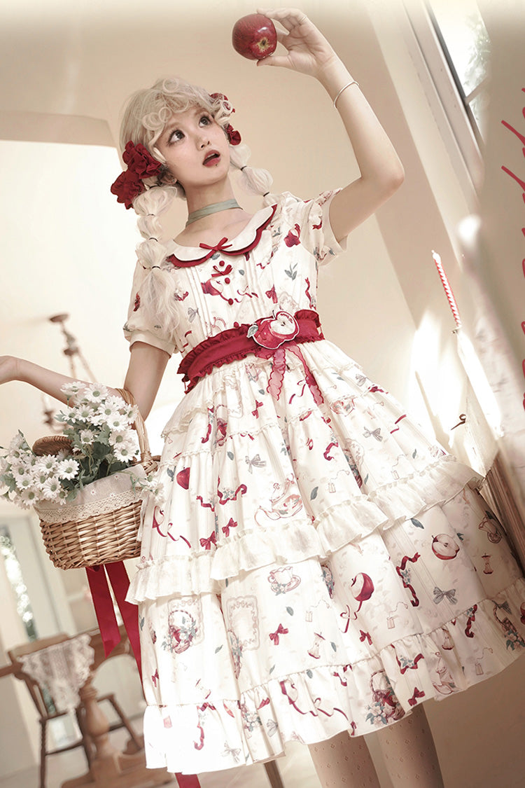 White Apple Tea Print Short Sleeves Country Style Ruffle Bowknot Sweet Lolita Dress (Plus Size Version) - Product - 6