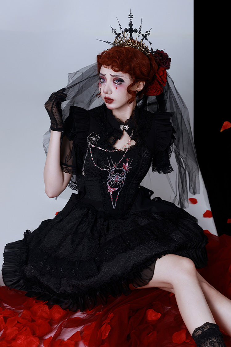 Black Sleeveless Spider Embroidery Bowknot Lace Gothic Princess Lolita Skirt Two-piece Set - Product - 2