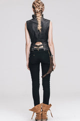Black/Brown Big Opening Chest Wave Hand Rubbed Leather Collar Women's  Punk Vest - Product - 10