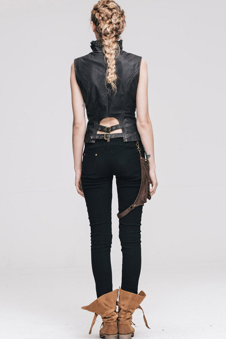 Black/Brown Big Opening Chest Wave Hand Rubbed Leather Collar Women's  Punk Vest - Product - 10