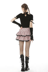 Pink Rock Heart Plaid Double-Layered Ruffled Women's Lolita Mini Skirt with Lace Hem - Product - 4