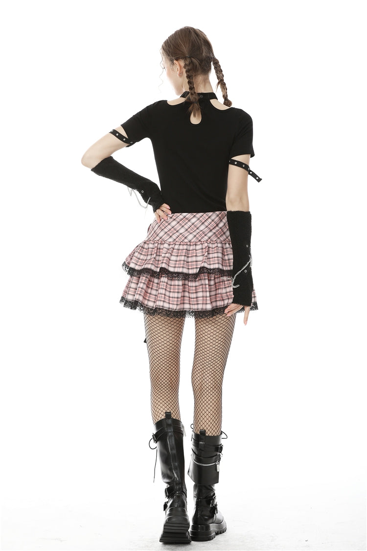 Pink Rock Heart Plaid Double-Layered Ruffled Women's Lolita Mini Skirt with Lace Hem - Product - 4