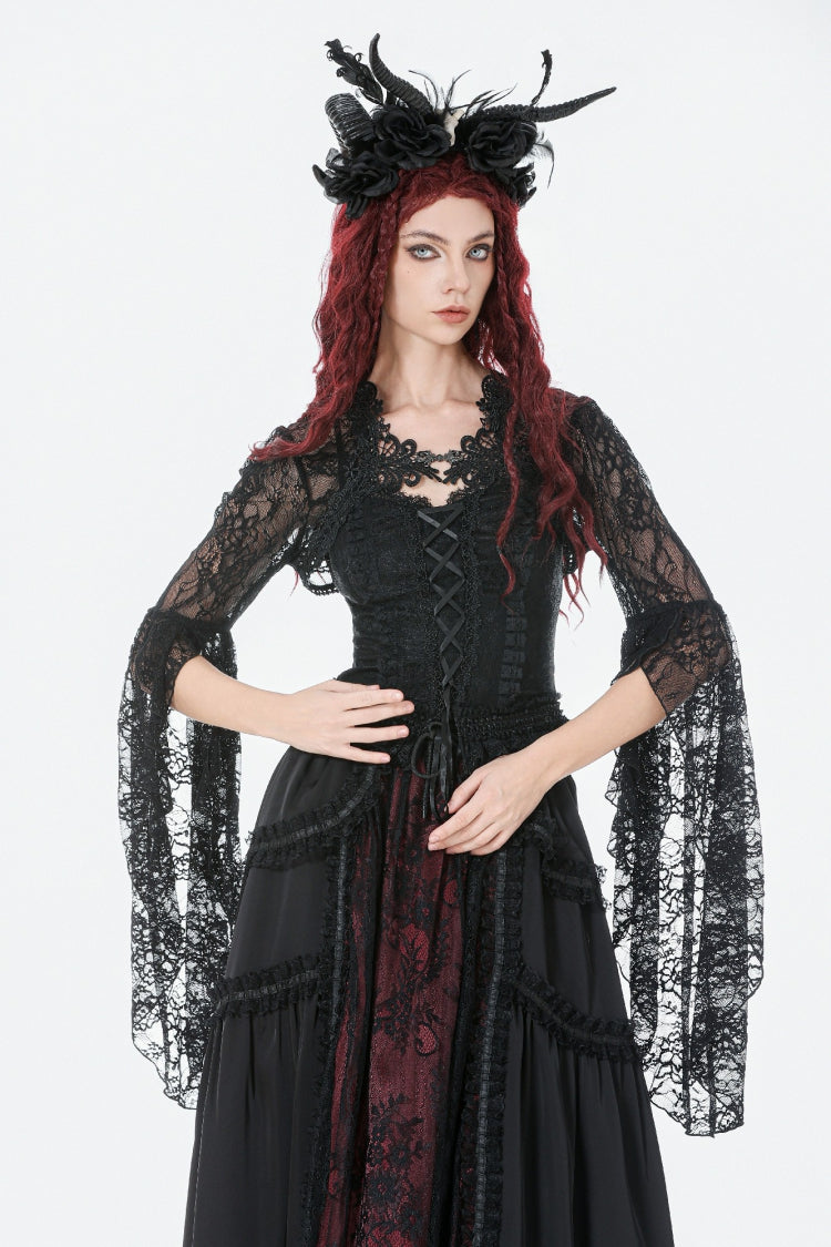 Black Women's Gothic Lace Flare Long Sleeve Crop Shrug - Black - 1