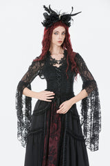 Black Women's Gothic Lace Flare Long Sleeve Crop Shrug - Black - 1