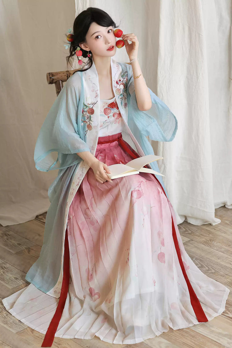 Multi-Color [Lychee Blossom Shoot] Half Sleeves Printed Embroidered Women's Sweet Hanfu Set - Product - 5