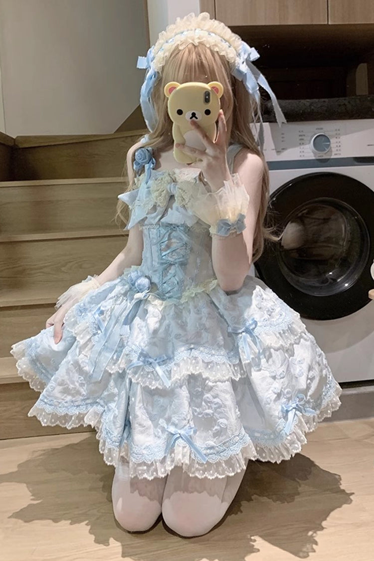 Blue [Floral Overture] Double-Layered Ruffle Embroidery Bowknot Lace Sweet Lolita Jsk Dress - Product - 7