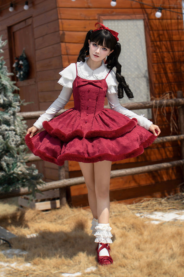 [Winter's Wish] Double-Layered Jacquard Bowknot Furry Sweet Lolita Jsk Dress 2 Colors - Red - 13