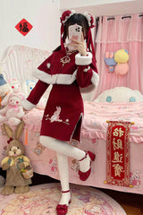 Red [New Year] Rabbit Printed Embroidered Bow Sweet Chinese Style Lolita Dress - Product - 3