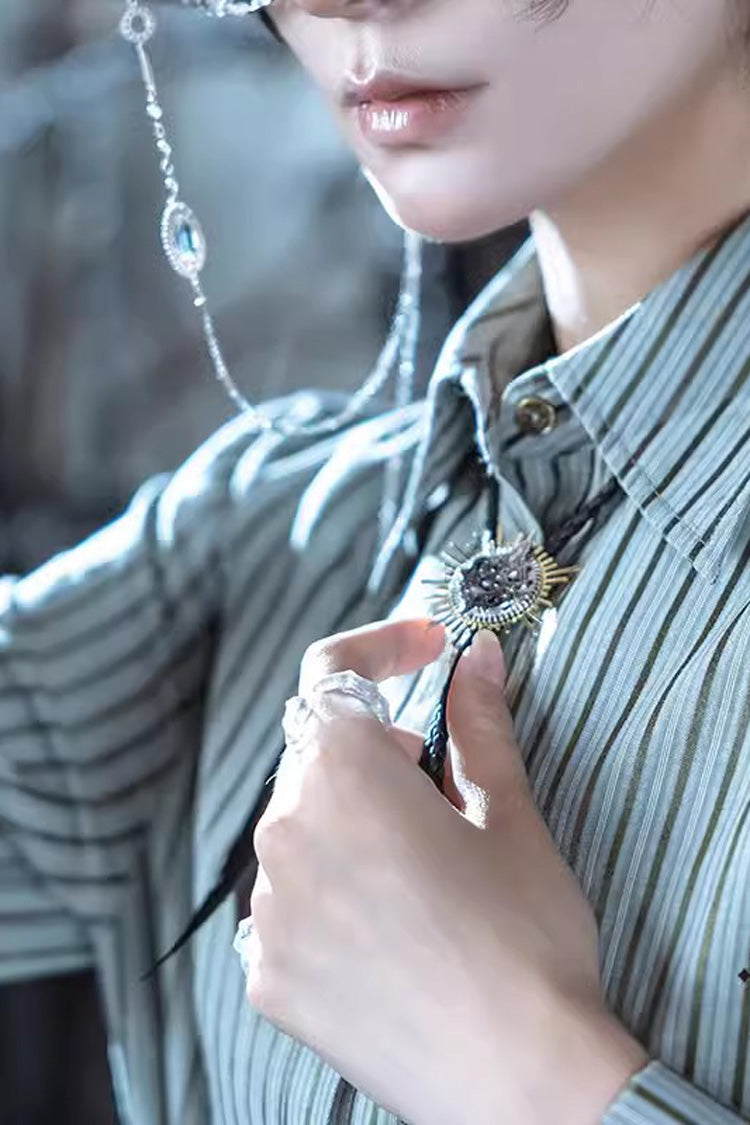 Green Rivet Long Sleeves Stripe Print Slim Ouji Prince Handsome Lolita Blouse - Product - 2