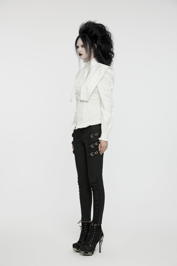 White Stand Collar Ruffle Lace-Up Women's Gothic Blouse - Product - 6