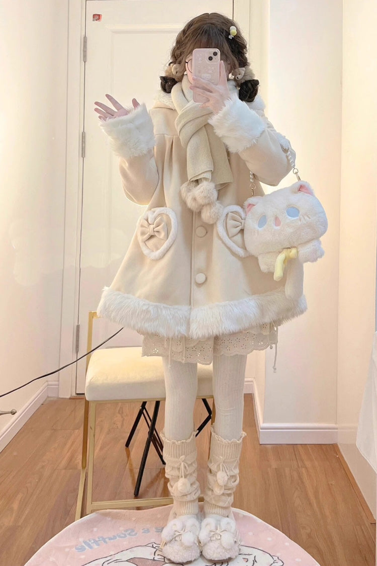 Light Yellow Woolen Rabbit Ears Single-breasted Bowknot Sweet Princess Lolita Coat - Product - 2
