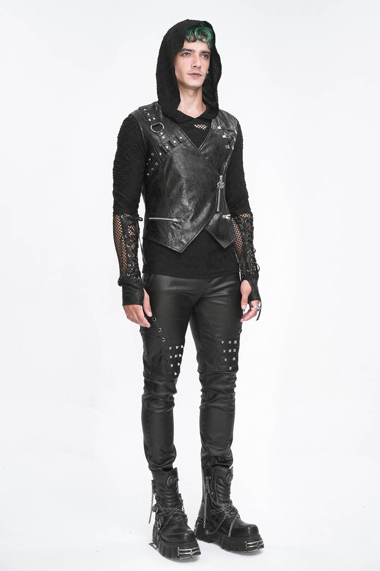 Black Zipper Faux Leather Men's Punk Waistcoat - Product - 5