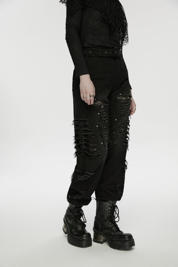 Black Ripped Zippered Eyelet Women's Punk Unedged Decadent Denim Pants - Product - 8