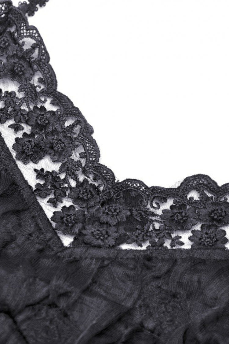 Black Off Shoulder Halterneck Lace Crinkle Women's Gothic Tank Top - Product - 12