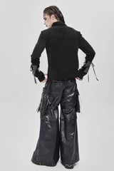 Black Stand Collar Long Sleeves Faux Leather Stitching Chain Eyelet Men's Punk Blouse - Product - 7