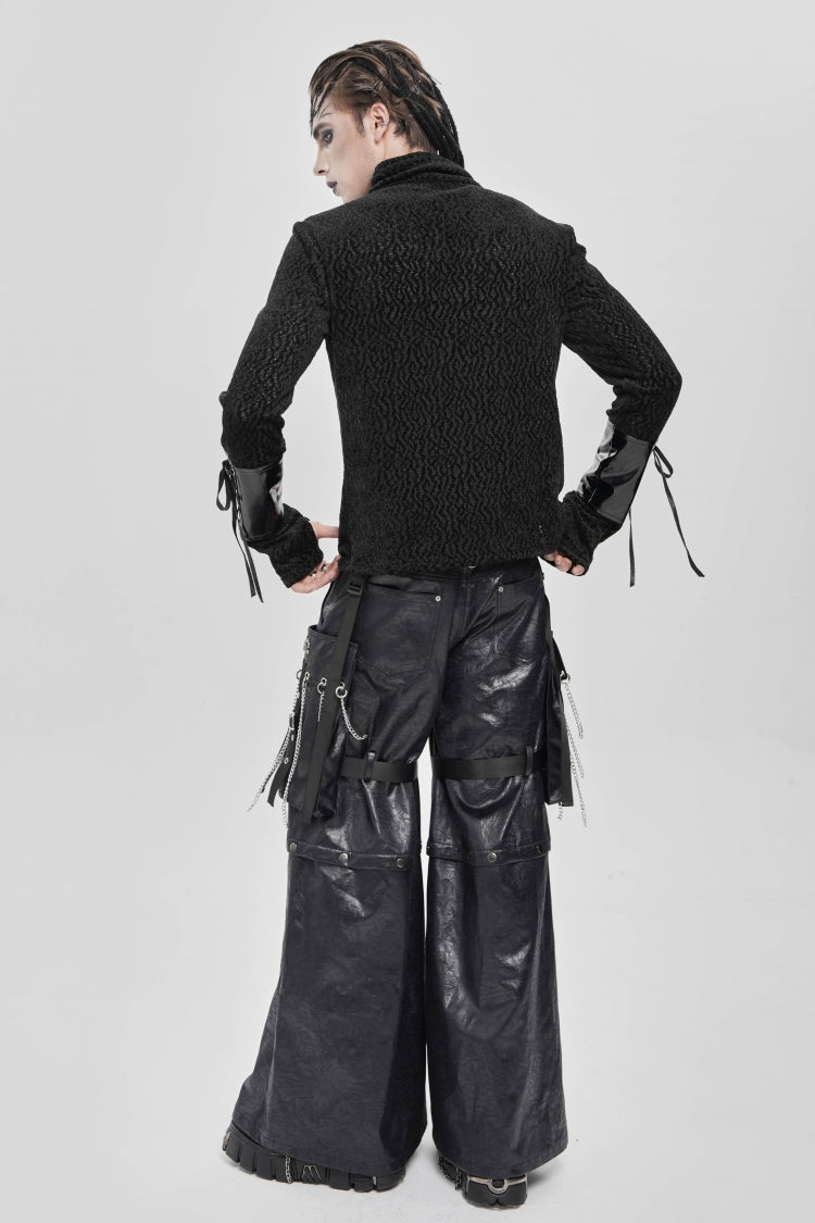 Black Stand Collar Long Sleeves Faux Leather Stitching Chain Eyelet Men's Punk Blouse - Product - 7